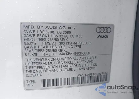 2013 Audi Q7 3.0T Premium из США, поврежденный, VIN WA1LGAFE7DD007084